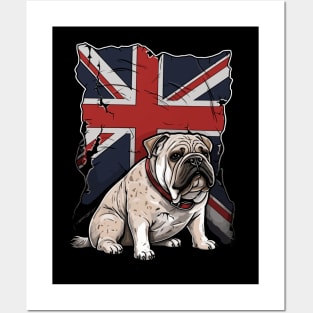 British Bulldog and Flag Cartoon - Patriotic Pet Design Posters and Art